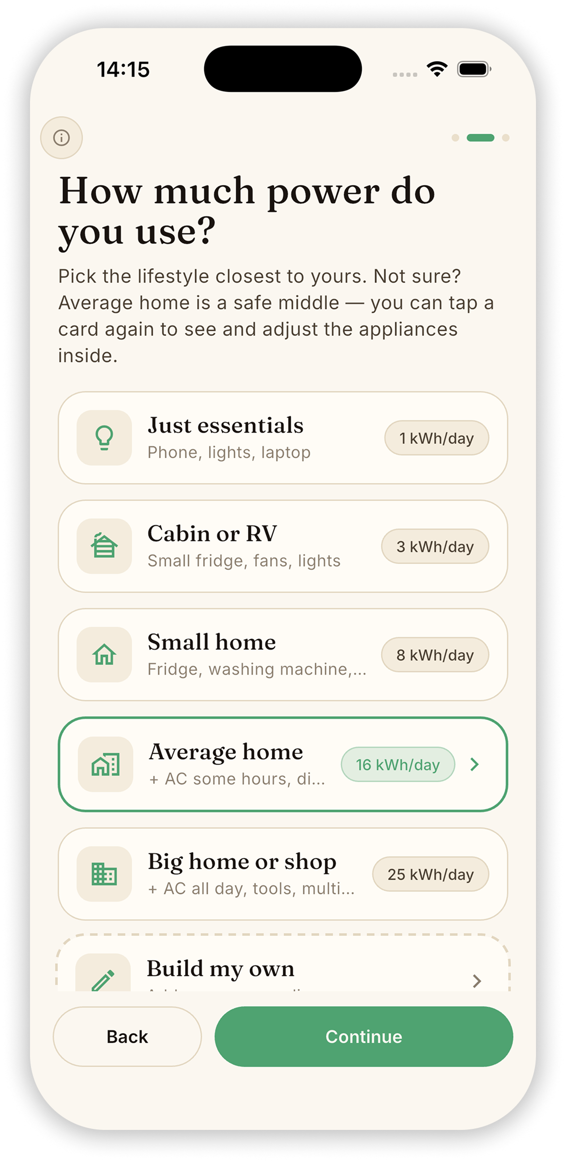 Step 2: listing appliances and run-times on the Power screen.